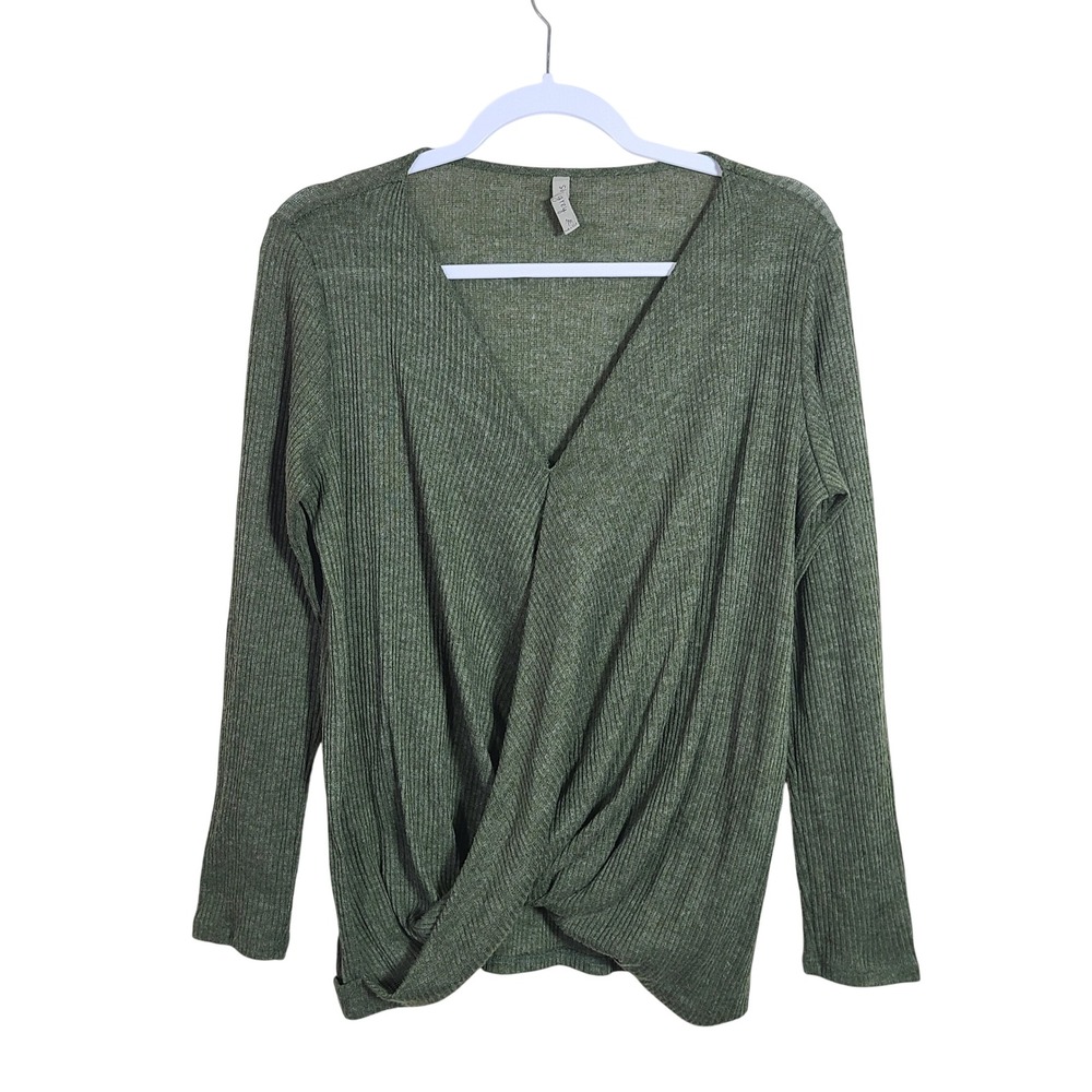Olive‎ Green Ribbed Knit Twist Front V-Neck Long Sleeve Top M Bojo Forest Fairy